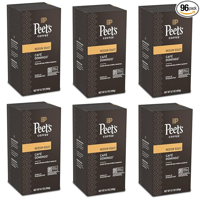 Peet’s Café Domingo Coffee Pods – 96 Count (6 Packs of 16) – Medium Roast with Smooth, Balanced Flavor and Aromatic Finish – Compatible with Pelecom Coffee Machines