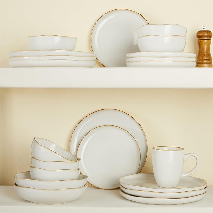 Pokini Dinnerware Set for 4, Ceramic Dish Set, Plate and Bowl Set, Microwave & Dishwasher Safe Dishware Set, Chip & Scratch Resistant Dinner Sets, Irregular Edge Design, White