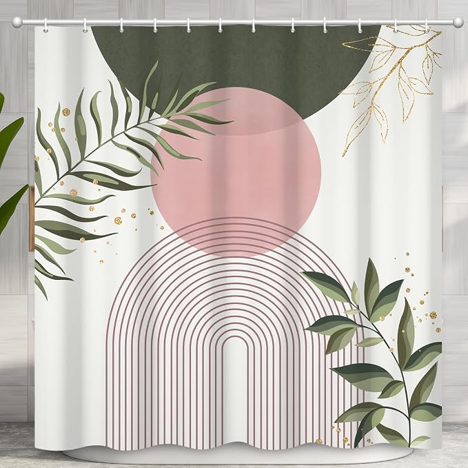 Boho Mid Century Shower Curtain, Pink Modern Minimalist Abstract Geometric Sage Green Gold Plant Leaves Bathroom Curtains Washable Waterproof Fabric Buthtub Curtain Set with Hooks 36" Wx72 L