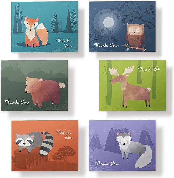 Twigs Paper Thank You Card Set - 12 Assorted Greeting Cards For All Occasions - Thank You Cards with Envelopes - Appreciation Cards - Eco Friendly - Made In USA - 5.5 x 4.25 Inch - Woodland Animals
