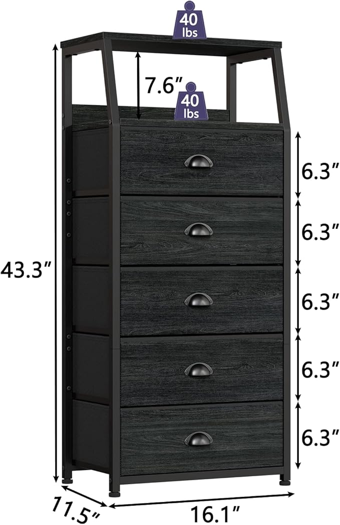 Furnulem Black Dresser with 5 Drawers, Vertical Storage Tower Fabric Dresser for Bedroom, Hallway, Entryway, Nursery, Closet Organizer, Nightstand Bedside Table Furniture, Sturdy Steel Frame, Wood Top