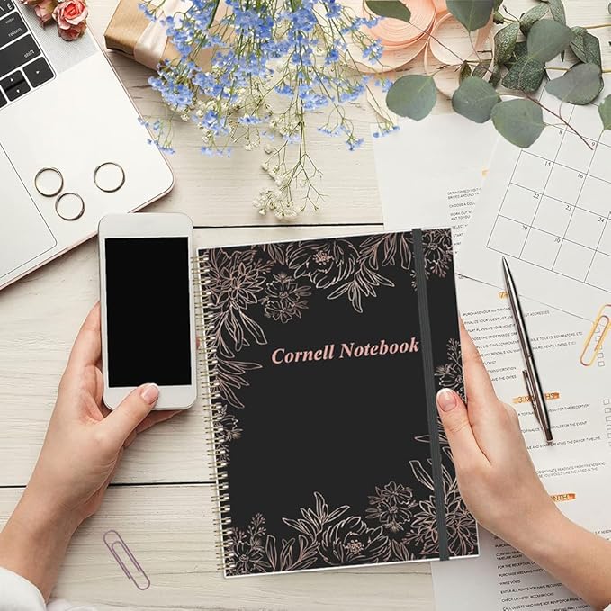 Yaridar A4 Cornell Notes Notebook - 8.5" x 11" College Spiral Cornell Notebooks for Note Taking, Subject College Ruled Steno Pads for Office School/Home, Black Flower