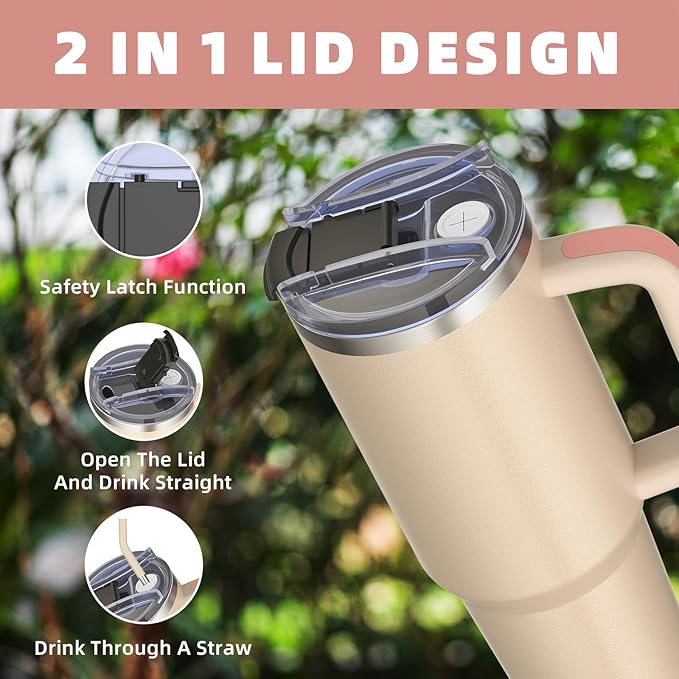 40 oz tumbler with handle and straw,Double Wall Vacuum Reusable Stainless Steel Insulated Water Bottle,With Leak Proof lid and Straw for Iced or Cold Beverages (Rose Quartz)