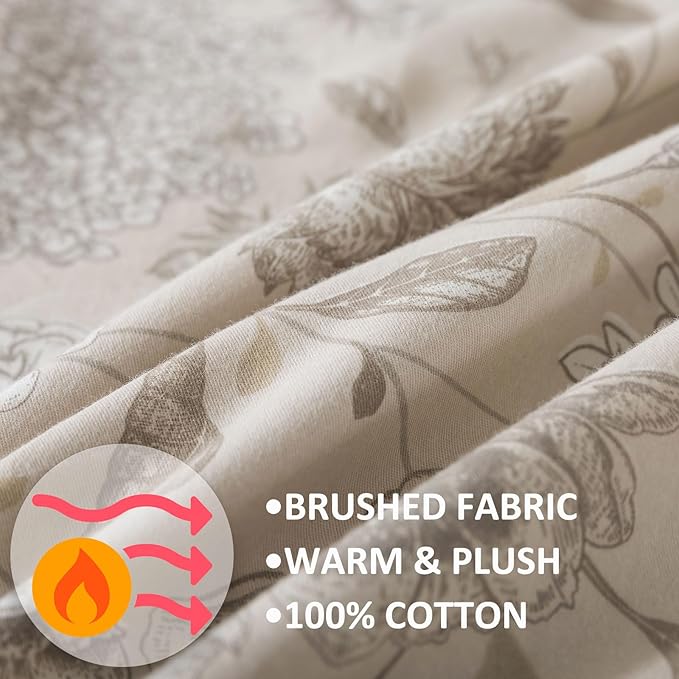 FADFAY Light Khaki Vintage Hydrangea Floral King Size Sheets Set 100% Brushed Cotton Shabby Peony Pattern Bedding Set Deep Pocket Sheets with 2 Pillowcases Luxury Daisy Breathable Soft 4pcs, King Size