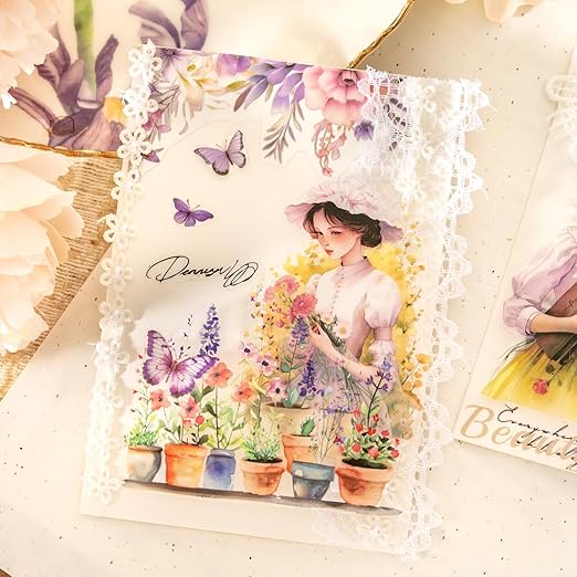 AuriicLeaf Garden and Girl PET Tape Set, 4 Rolls Pre-Cut Adhesive Tapes for Scrapbooking, Journaling, DIY Crafts, and Art Supplies