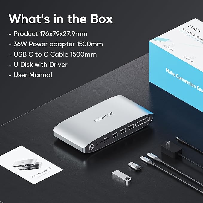 PULWTOP Displaylink Docking Station, Triple Display DisplayLink Dock for MacBook M1/M2/M3 Windows, 4K@60Hz Laptop Docking Station with 2 HDMI, 2 Display Port, PD, USB C Data, 4 USBA, Ethernet, Audio