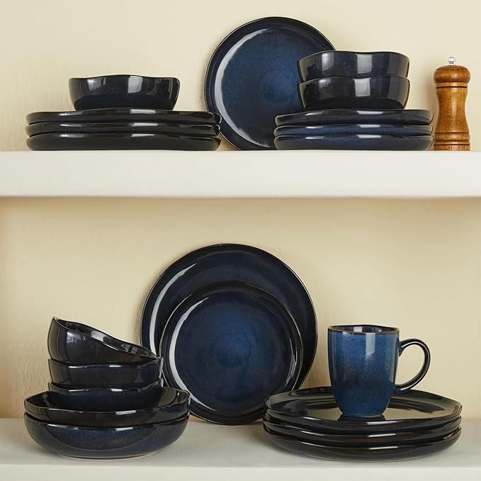 Pokini 24 Pieces Dinnerware Set for 6 with Pasta Bowls, Complete Ceramic Dish Set, Stackable & Glossy Stoneware Plate and Bowl Set for Effortless Everyday Hosting, Starry Blue