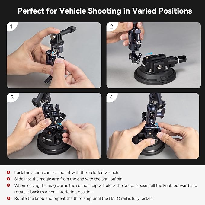 SMALLRIG 4" Camera Suction Mount with Ball Head Magic Arm, Car Mount for Lightweight Camera/Action Camera/Phone, Air Pump Vacuum Suction Cup, Max Load 3kg/6.6 Pound - 4236