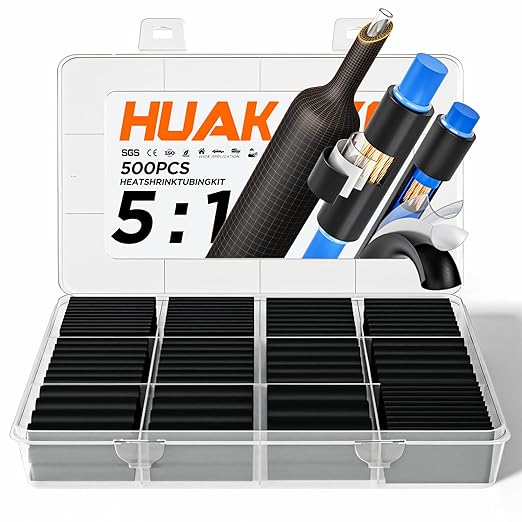 5:1 Heat Shrink Tubing Kit 500 PCS, Industry-Leading 5:1 Ratio Adhesive Lined, Marine Grade Dual Wall, Waterproof Electrical Wire Wrap Assortment – Industrial & Automotive Heat Shrink Tube Kit (Black)