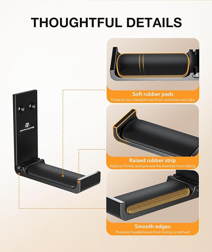 APPHOME Headphone Stand Hanger Foldable Wall Hooks, Save Space Durable Aluminum Headset Stand Holder for Universal Gaming Headset, Strong Adhesive, Black