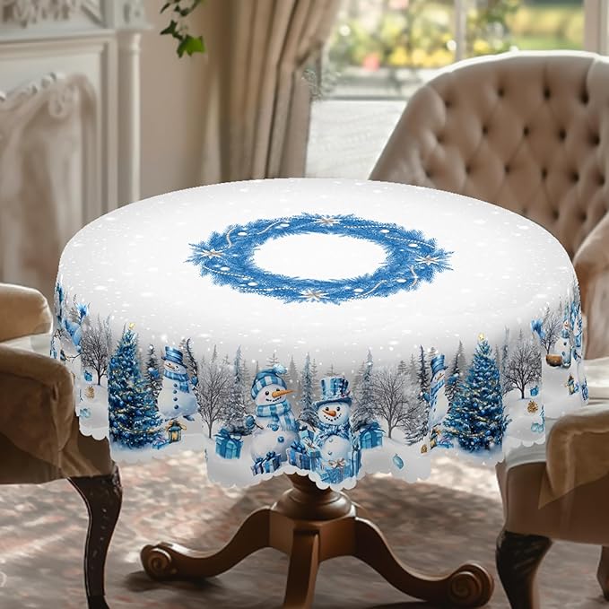 Eikione Round Tablecloth 60inch, Christmas Tablecloth Waterproof and Wrinkle-Free, Table Covers, Winter Decorations for Home Dining Blue