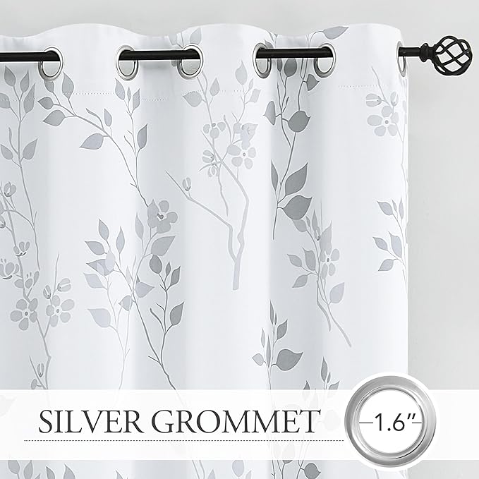 Beauoop Floral 100% Blackout Curtains 72 Inches Long 2 Panels for Bedroom Living Room Grey White Flower Patterned Room Darkening Thermal Insulated Soundproof Grommet Window Treatments Drapes, 52X72