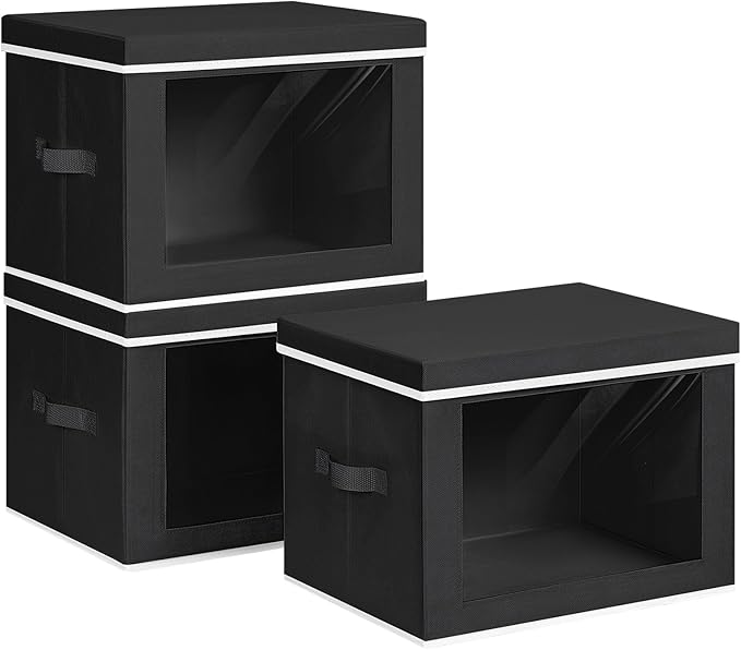Large Storage Baskets Bins with Lids - Stackable Cube Bins for Closet, 3 Pack Black Windows Organizer Bins, Home Organizers and Storage for Clothes, CD, Towels