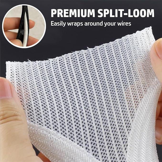 MGI SpeedWare Braided Split-Sleeve White Wire Loom for High-Temperature Automotive Harness and Home Cable Management 25 feet (3/4")