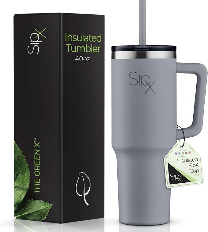 SIPX™ 40 oz Insulated Tumbler with Handle & Straw – Vacuum Insulated Stainless Steel, Leakproof, Cupholder Friendly – Perfect for Iced Coffee, Water & Travel – Grey