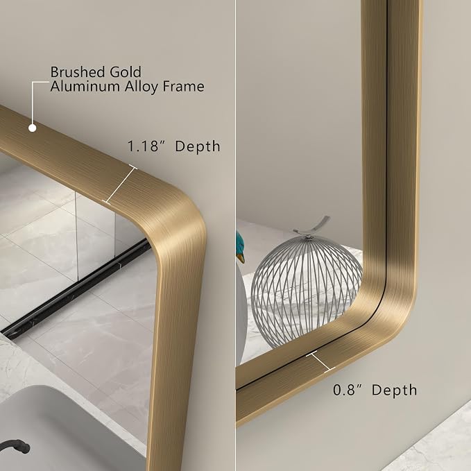 30x36 Gold Mirror for Bathroom, Brushed Gold Metal Framed Mirror for Vanity, Rectangle Wall Mouted Mirror, Rounded Corner, Shatterproof, Anti-Rust (Horizontal/Vertical)