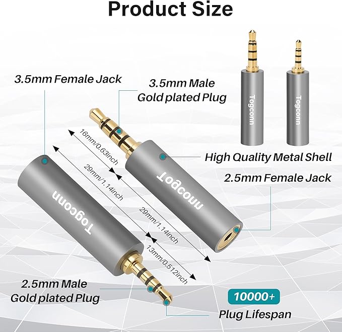 2.5mm to 3.5mm TRRS Adapter 4 Pack,2.5mm Male to 3.5mm Female/3.5 mm Male to 2.5 mm Female Audio Jack Converter Connector Stereo/Mono Auxiliary Plug for phones, Headphone, Tablets Support Mic Function
