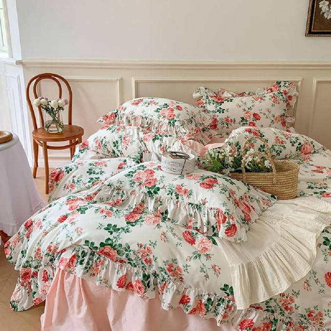 LifeTB Pink Flower Ruffle Comforter Set Full Size Vintage Floral Botanical Comforter Romantic Ruffle Lace Cottagecore Bedding Set Lightweight Fluffy Aesthetic Flowers Comforter Set with 2 Pillowcases