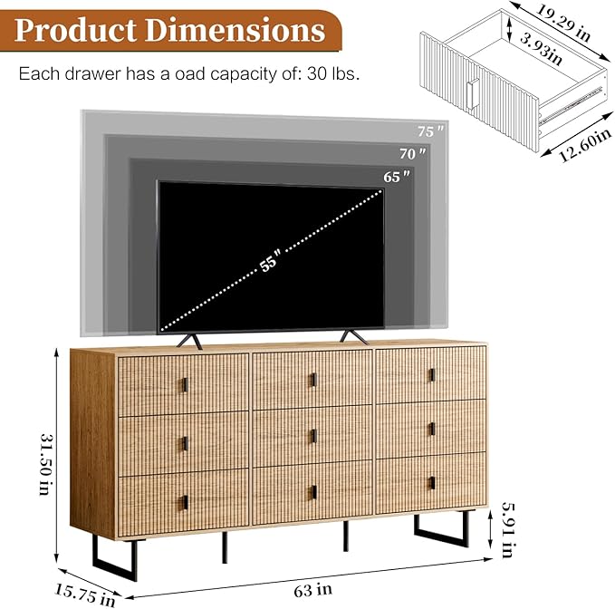 Chrangmay Modern Chest of Drawers with 9 Drawers,Deep Drawers,Clothes Organizer,Large Storage Cabinet for Living Room, Bedroom,Hallway,with Anti-Tipping Device, Oak