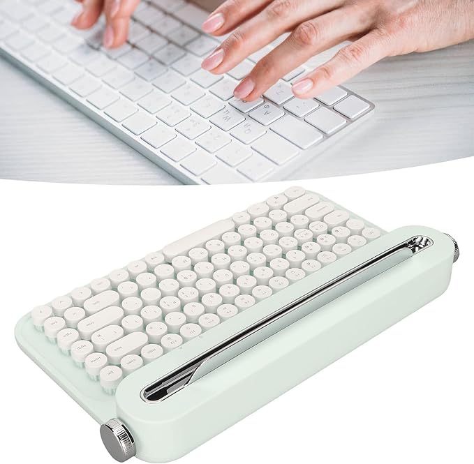 OPPWONG Vintage Bluetooth Keyboard 86 Keys Portable Wireless Keyboard with Red Esc Replacement Keycap Integrated Stand Recess Design for Smartphones, Tablets, Laptops (Green)