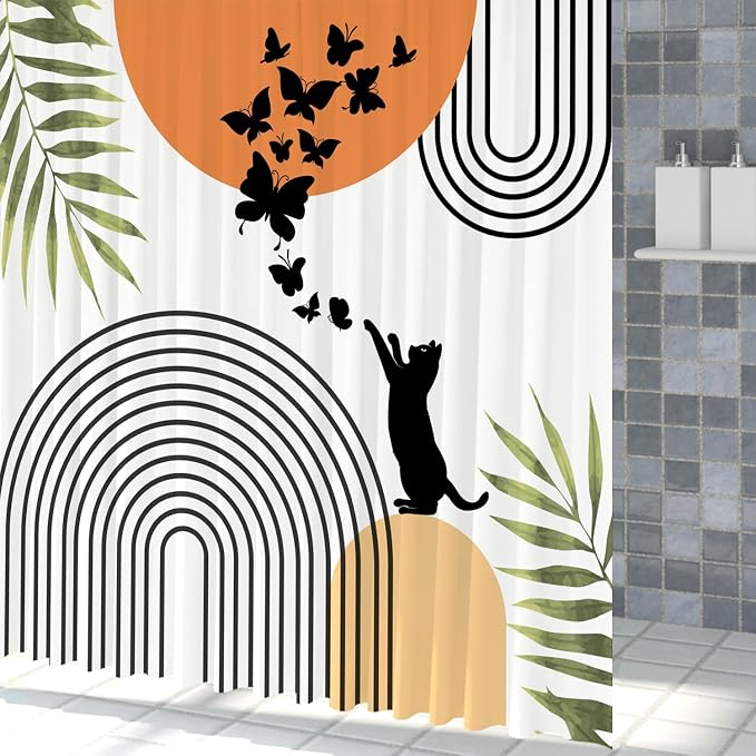Mid Century Cat Shower Curtain Abstract Boho Geometric Minimalist Black Cat Butterflies Green Leaf Aesthetic Shower Curtain for Bathroom Decoration Accessories with Hooks 72x72 inch