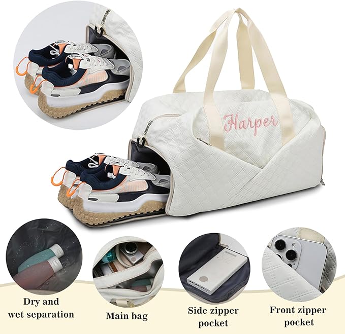 Personalized Travel Duffle Bag for Women with Embroidered Name Custom Sport Gym Weekender Overnight Carry On Tote Luggage Bag with Shoe Compartment Dance Bags for Girls Customized Gifts Pink