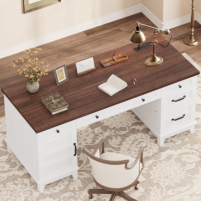 60 Inch Farmhouse Executive Desk with File Drawers for Home Office, Large Computer Desk with Storage Cabinet & Charging Station, Wooden Writing Table with Power Outlets & USB Ports for Work Study