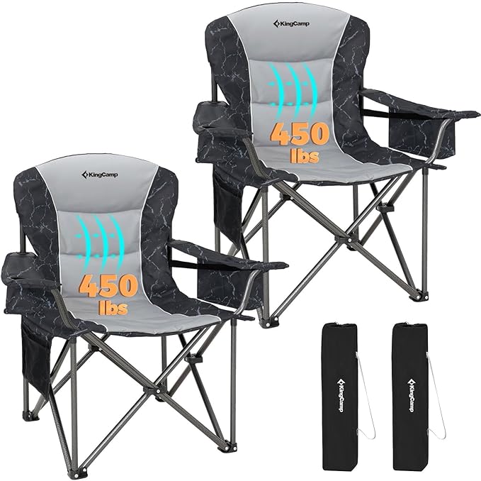 KingCamp Oversized Camping Folding Chair, Heavy Duty 450 LBS with Lumbar Support, Padded seat with Cup Holder&Cooler Bag, Ideal for Camp, Fishing, Sports Event, Backyard, Patio, Lawn