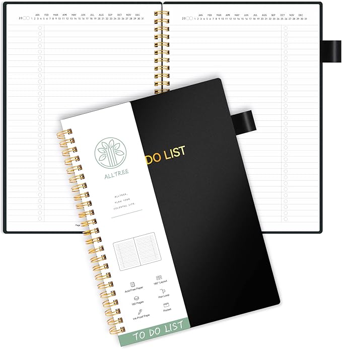 ALLTREE To Do List Notepad Spiral Planner, Daily Task Tracker with Wide Lined Notebooks, Work Planner with Pocket, Pen Loop, 160 Pages, Black (5.5"x8.5")