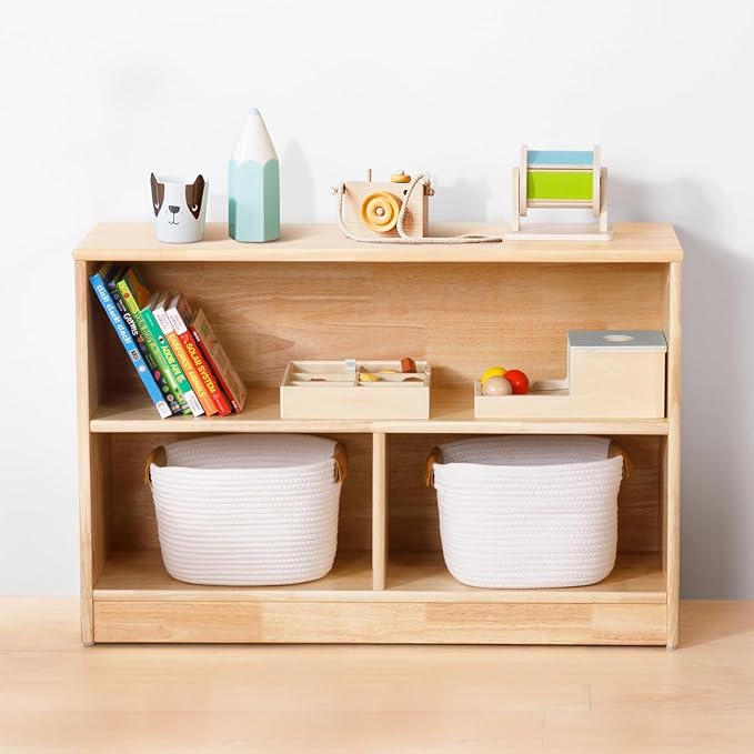 OOOK Rubber Wood 3-Compartment Wooden Storage Cabinet, 35.4" L, 2-Tier Toy Organizers and Storage, Montessori Shelf for Kids Room, Playroom, Nursery, Classroom, Kindergarten