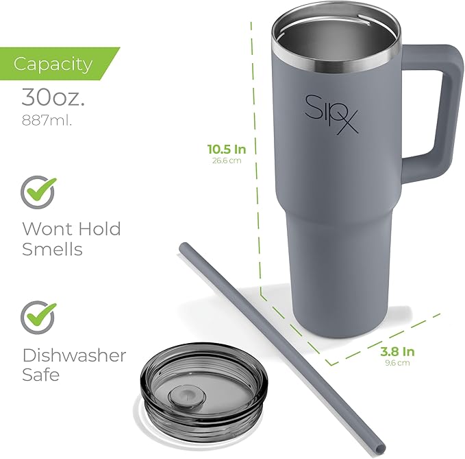 SIPX™ 30 oz Insulated Tumbler with Handle & Straw – Vacuum Insulated Stainless Steel, Leakproof, Cupholder Friendly – Perfect for Iced Coffee, Water & Travel – Grey
