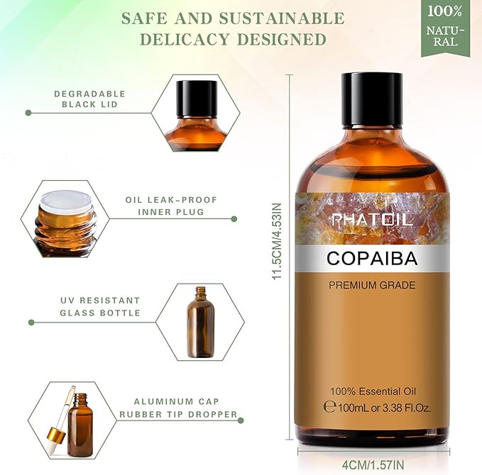 Copaiba 3.38fl.oz Essential Oil, PHATOIL Pure Aromatherapy Oils for Diffuser, Humidifier, Perfect for DIY Soap, Candle, Bath Bombs Making(100ml)