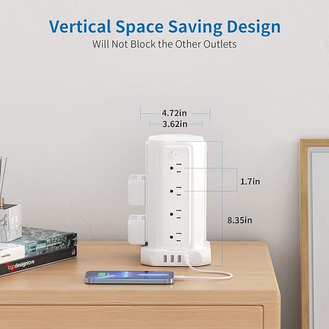 10 FT Extension Cord Power Strip Tower, 16 Widely Outlets 1875W 15A, Flat Plug Surge Protector with 4 USB Ports, Individual Switches, 1080 Joules, Overload Protection for Home Office Desktop, White