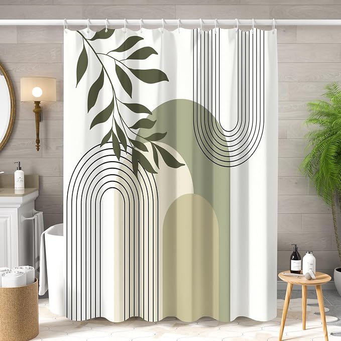 Boho Sage Green Shower Curtain Mid Century Modern Abstract Plant Botanical Bathroom Curtain Minimalist Neutral Geometric Arch Bath Decor Polyester Set with Hooks 48x72 inch