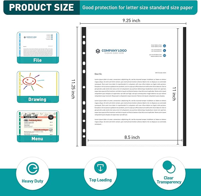 Sheet Protectors, PANDRI 300 Pack Color Heavy Duty Plastic Page Protectors Sheet Reinforced 11-Hole Fit for 3 Ring Binder Fits Standard 8.5 x 11 Paper, 9.25 x 11.25 Top Loaded, Excluding Acid