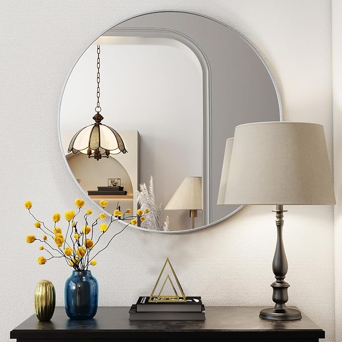 BEAUTYPEAK 24 Inch Round Mirror, Metal Frame Circle Mirror, Wall Mounted for Entryway, Bathroom, Vanity, Living Room, White