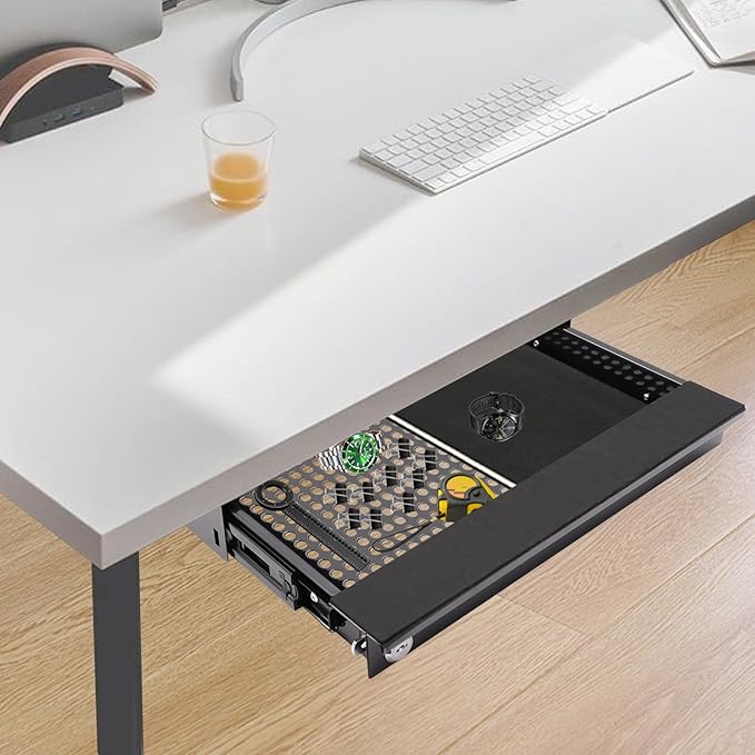 18.9" Under Desk Storage Drawer with Holes, Locking Design Black Sliding Pull-Out Drawer for Sit Stand Workstation