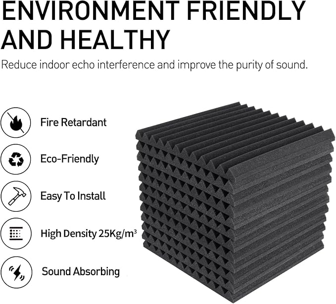 Focusound 52 Pack Grey Acoustic Foam Panels 1" x 12" x 12" Sound Proof Foam Panles Soundproofing Noise Cancelling Wedge Panels for Home Office Recoding Studio with 300PCS Double-Side Adhesive
