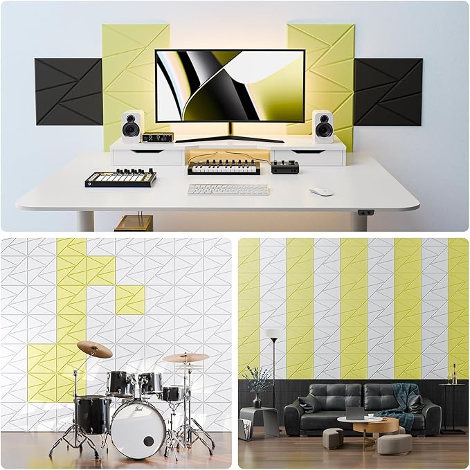 12 Pack Acoustic Panels with Self-Adhesive, 12"X 12"X 0.4"Sound Proof Foam Panels, Sound Panels High Density, Soundproof Wall Panels for Home Studio Office Light Yellow