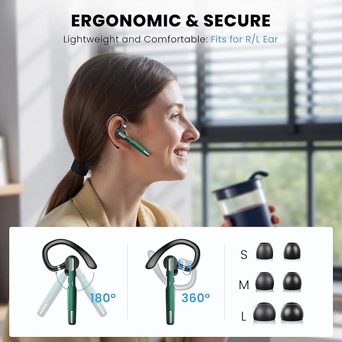 ICOMTOFIT Bluetooth Headset, Wireless Bluetooth Earpiece V5.0 Hands-Free Earphones with Built-in Mic for Driving/Business/Office, Compatible with iPhone and Android (Green)
