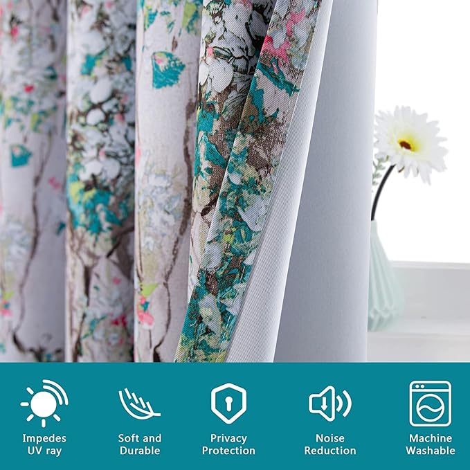 MYSKY HOME Floral Curtains 54 Inch Length for Living Room Bedroom, Bathroom,Thermal Insulated Room Darkening Curtain Grommet Vintage Floral Curtains Decorative Curtains,2 Panels