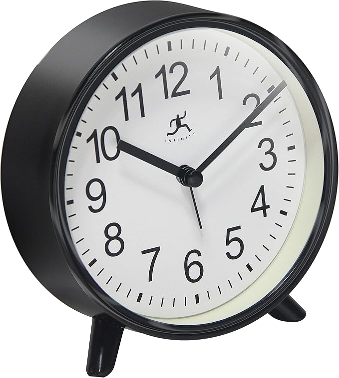 Infinity Instruments Plastic 5.75" Indoor Tabletop Alarm Clock with Quartz Movement for Accurate Time Keeping, Black