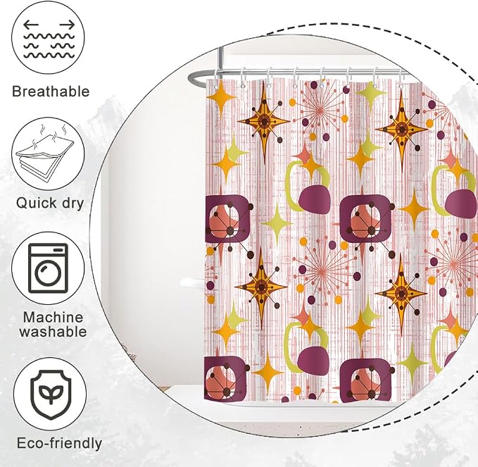 Mid Century Shower Curtain, 48x72inch, Modern Abstract Retro Red Striped Geometric Shower Curtain Sets 1950s Boho Bathroom Shower Curtain with 8 Hooks