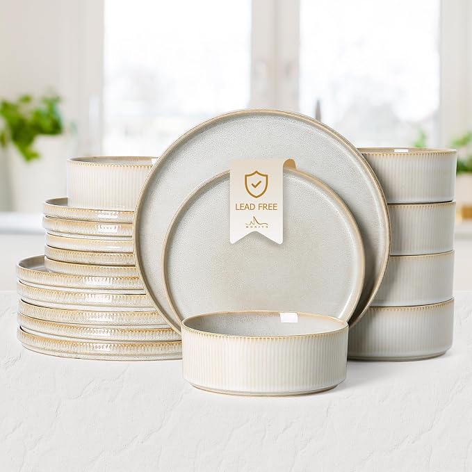 MONITO Ceramic Dinnerware Sets for 6, 18PCS Stoneware Plates and Bowls Sets, Reactive Glaze Dish Set, Chip and Scratch Resistant Double, Microwave and Dishwasher Safe, Beige