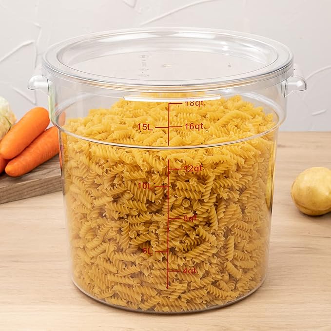 Restaurantware Met Lux 18 Quart Food Storage Container, 1 Round Commercial Storage Container - Lid Sold Separately, With Volume Markers, Clear Plastic Food Prep Bucket, Space-Saving Storage