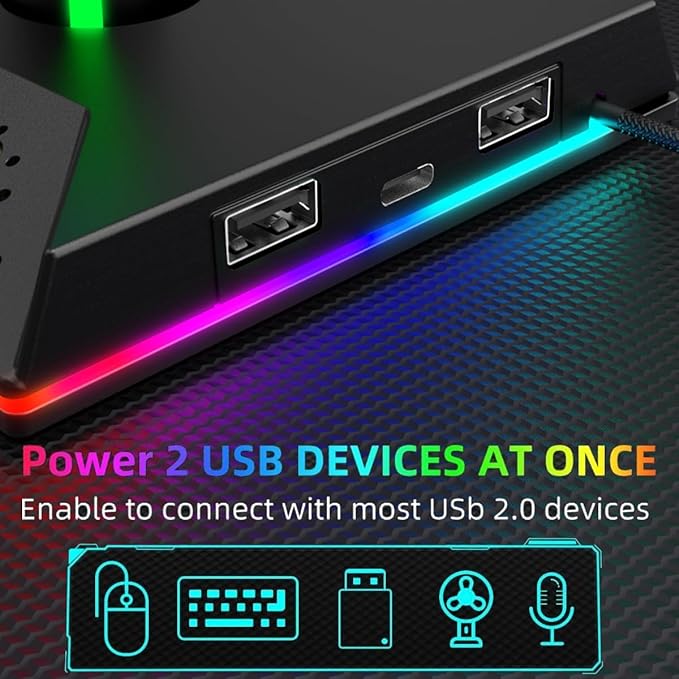 ZNikoyidy RGB Gaming Headset Stand Headphone Stand with 2 USB Ports 10 Color Mode, PC Gaming Desktop Earphone Accessories Gift for Boys Men Gamers