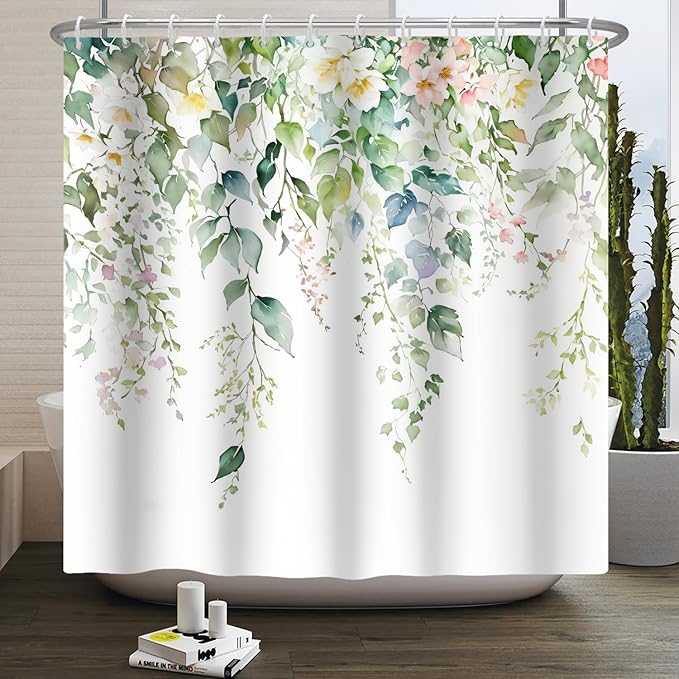 Sage Green Eucalyptus Shower Curtain Watercolor Botanical Floral Leaves Shower Curtain Set Spring Nature Bathroom Decor with 12 Hooks,72x96 Inches