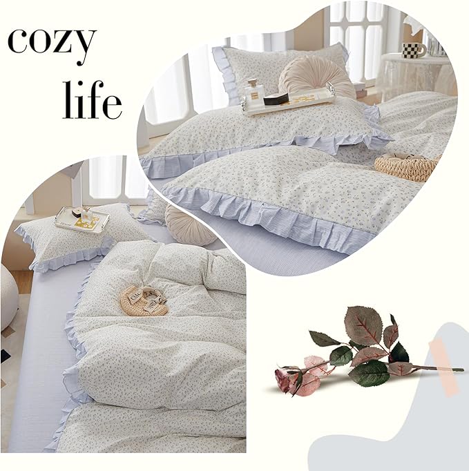 Floral Duvet Cover Queen Size Cute Blue Flower Bedding Cozy Duvet Cover Romantic Ruffle Comforter Cover Cotton Striped Girls Lace Princess Bedding Aesthetic Floral Comforter Cover with 2 Pillowcases