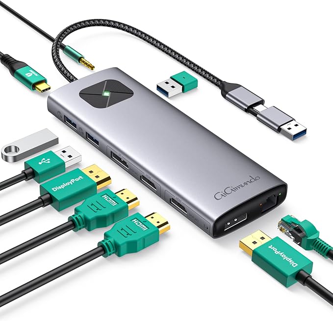 GiGimundo LK10 10 in 1 Laptop Docking Station Dual Monitor, USB C Hub Dual 4K@60Hz HDMI, 2 DP, 3 USB A, 100W PD, 1000Mbps Ethernet, 3.5MM Audio, USB Multiport Adapter for MacBook/DELL/HP/Lenovo