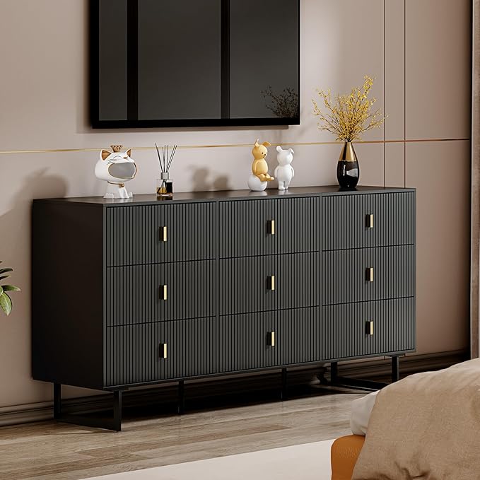 Chrangmay Modern Chest of Drawers with 9 Drawers,Deep Drawers,Clothes Organizer,Large Storage Cabinet for Living Room, Bedroom,Hallway,with Anti-Tipping Device,Dark